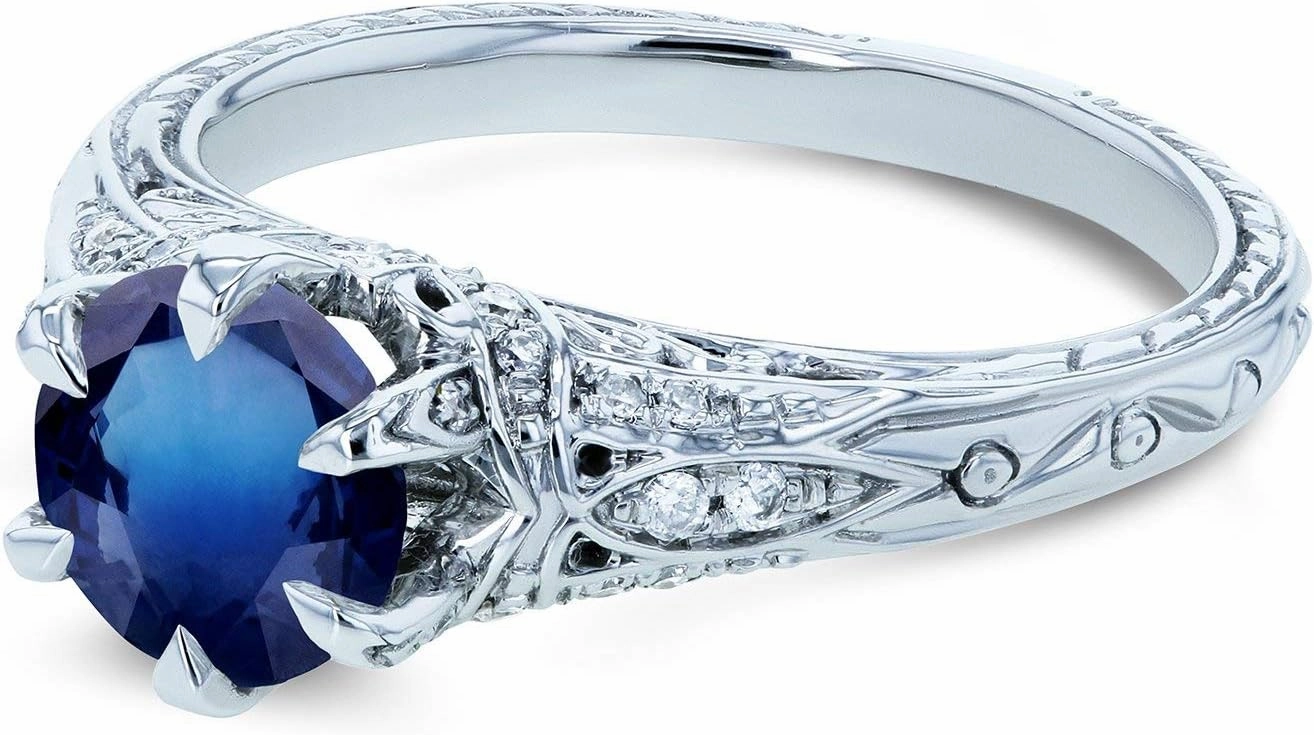 Kobelli Sapphire and Diamond 6-Prong Antique Style Engagement Ring 1 1/6 CTW 14k White Gold