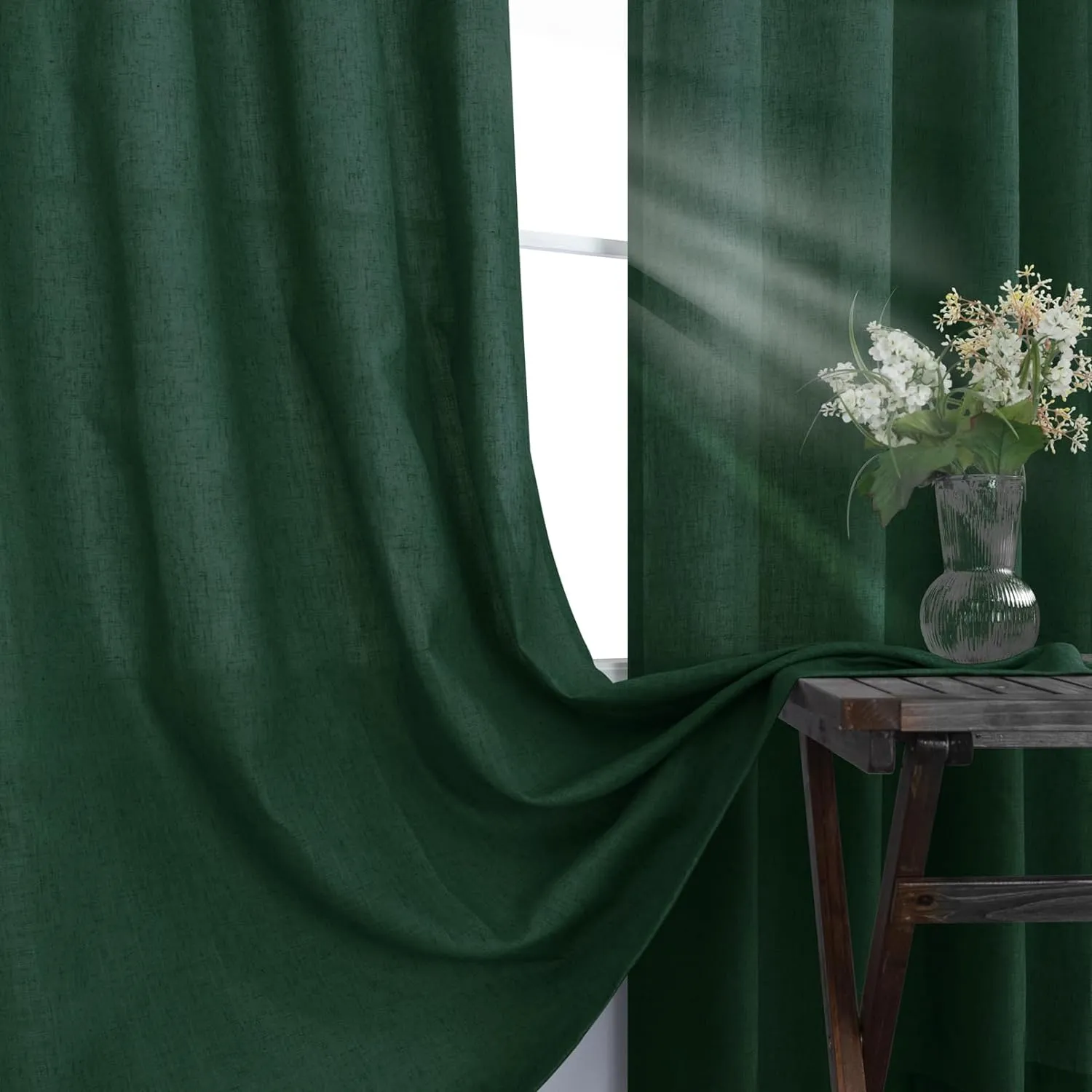 KOUFALL Dark Green Curtains 84 Inches Long for Living Room 2 Panels Set,Sheer Linen Black Grommet Semi Light Filtering Moody Curtains Drapes for Bedroom Dining Room,Emerald