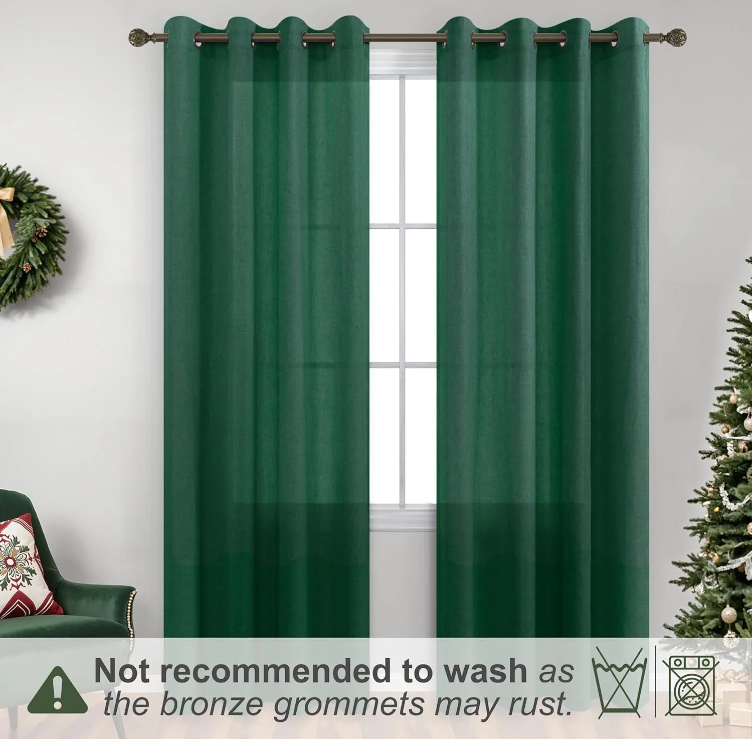 KOUFALL Dark Green Curtains 84 Inches Long for Living Room 2 Panels Set,Sheer Linen Black Grommet Semi Light Filtering Moody Curtains Drapes for Bedroom Dining Room,Emerald