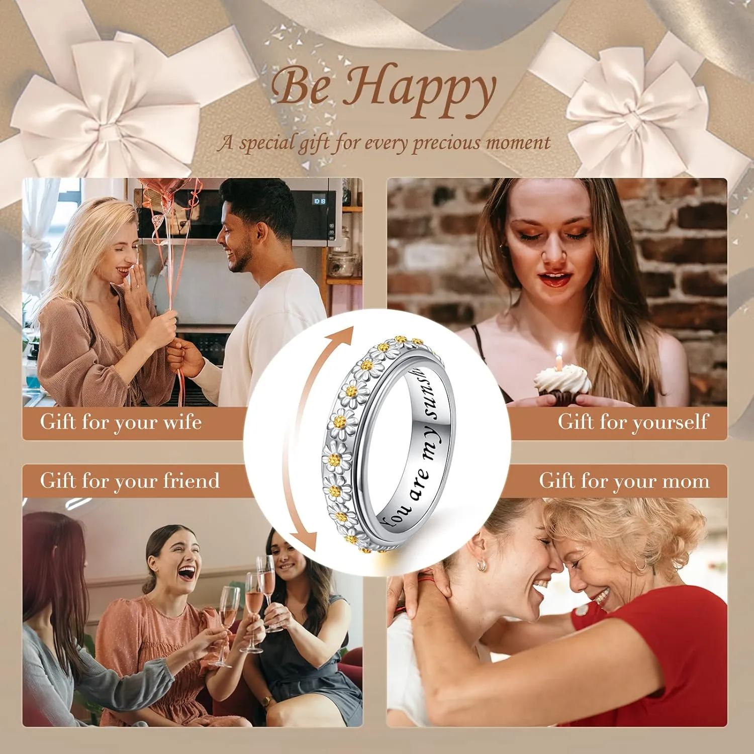 Ladytree Daisy Anxiety Relieve Spinner Rings You Are My Sunshine Flower Fidget Ring Sterling Silver ADHD Stress Relieving Ring for Women