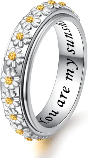 Ladytree Daisy Anxiety Relieve Spinner Rings You Are My Sunshine Flower Fidget Ring Sterling Silver ADHD Stress Relieving Ring for Women