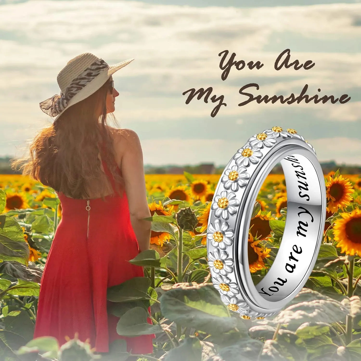 Ladytree Daisy Anxiety Relieve Spinner Rings You Are My Sunshine Flower Fidget Ring Sterling Silver ADHD Stress Relieving Ring for Women
