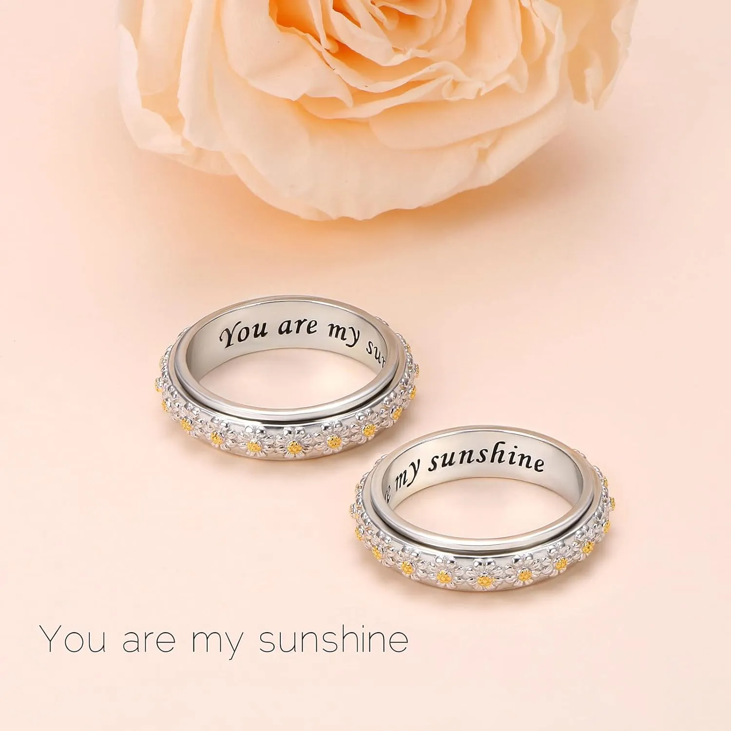 Ladytree Daisy Anxiety Relieve Spinner Rings You Are My Sunshine Flower Fidget Ring Sterling Silver ADHD Stress Relieving Ring for Women