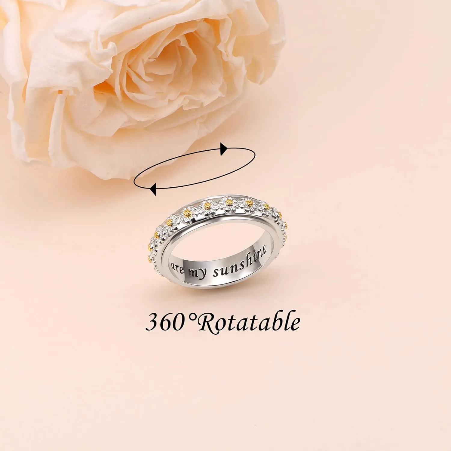 Ladytree Daisy Anxiety Relieve Spinner Rings You Are My Sunshine Flower Fidget Ring Sterling Silver ADHD Stress Relieving Ring for Women