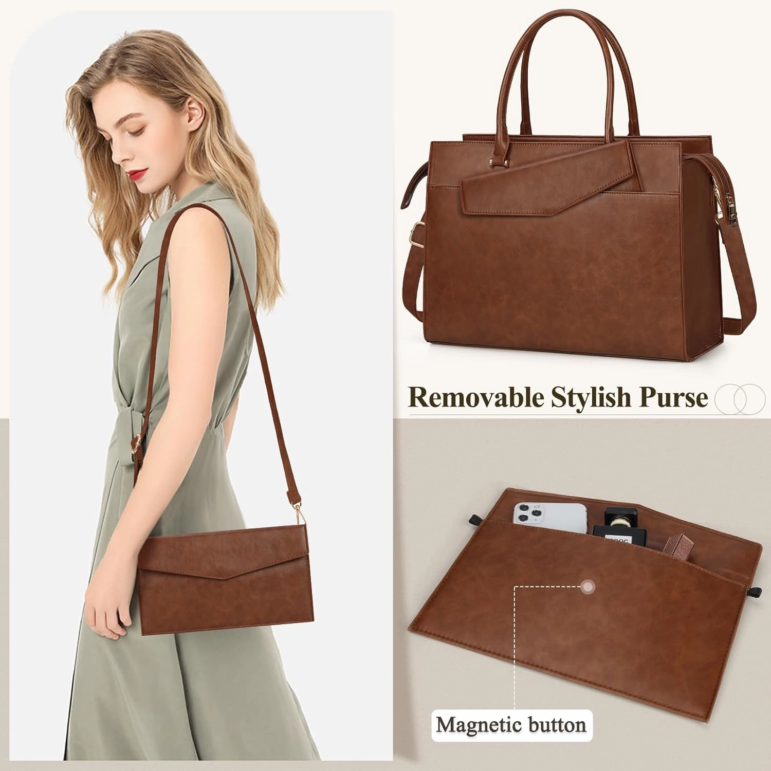 Laptop Bag for Women 15.6 inch Leather Tote Bag 2pcs Set Professional Work Bag with Clutch Purse Large Office Computer Bag Teacher Bag Shoulder Bag (Retro Brown)