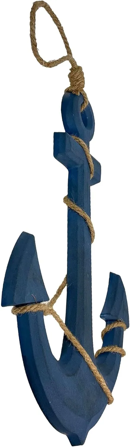 Large 24"x16" Ship Anchor & Rope Wall Hanging - Hand-Painted Blue Finish for Nautical Elegance - Easy Installation - Captivating Maritime Or Beach Decor