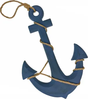 Large 24"x16" Ship Anchor & Rope Wall Hanging - Hand-Painted Blue Finish for Nautical Elegance - Easy Installation - Captivating Maritime Or Beach Decor