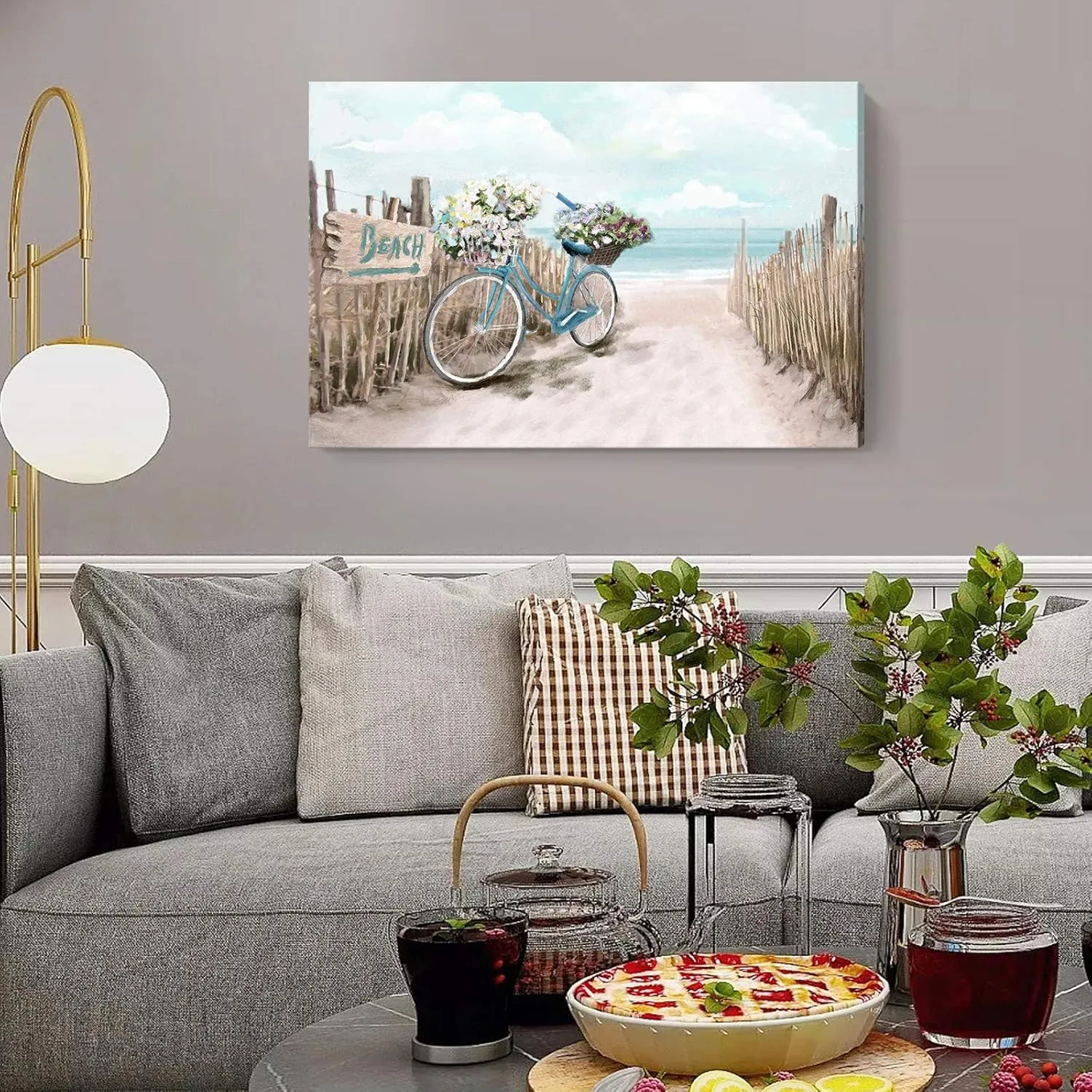 Large Wall Art for Living Room Décor Beach Picture Wall Art Modern Framed Sea Seaside Bicycle Canvas Print Seascape Artwork Ocean Painting for Home Bedroom Teal Aqua Turquoise 36x24inch