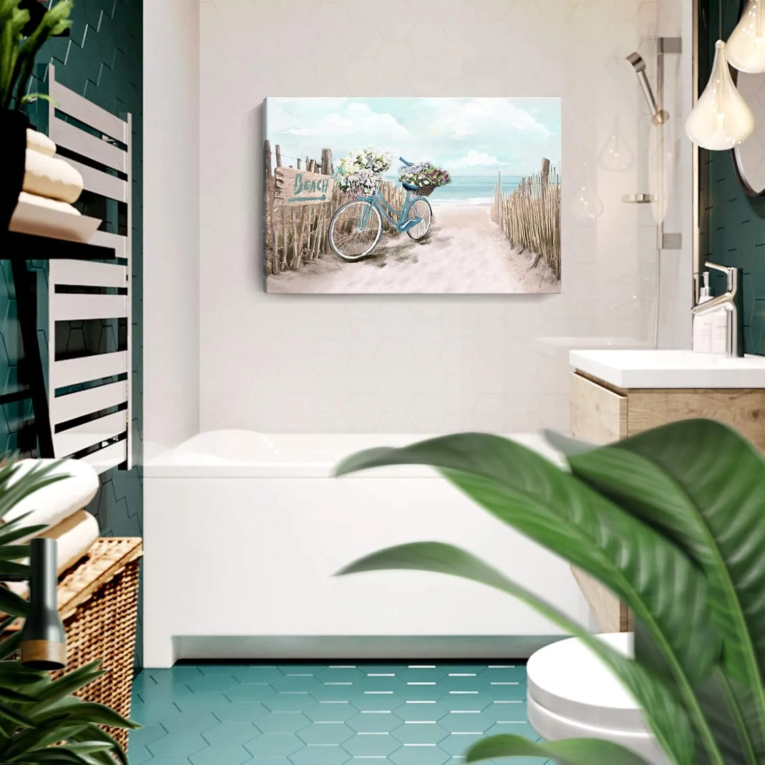 Large Wall Art for Living Room Décor Beach Picture Wall Art Modern Framed Sea Seaside Bicycle Canvas Print Seascape Artwork Ocean Painting for Home Bedroom Teal Aqua Turquoise 36x24inch