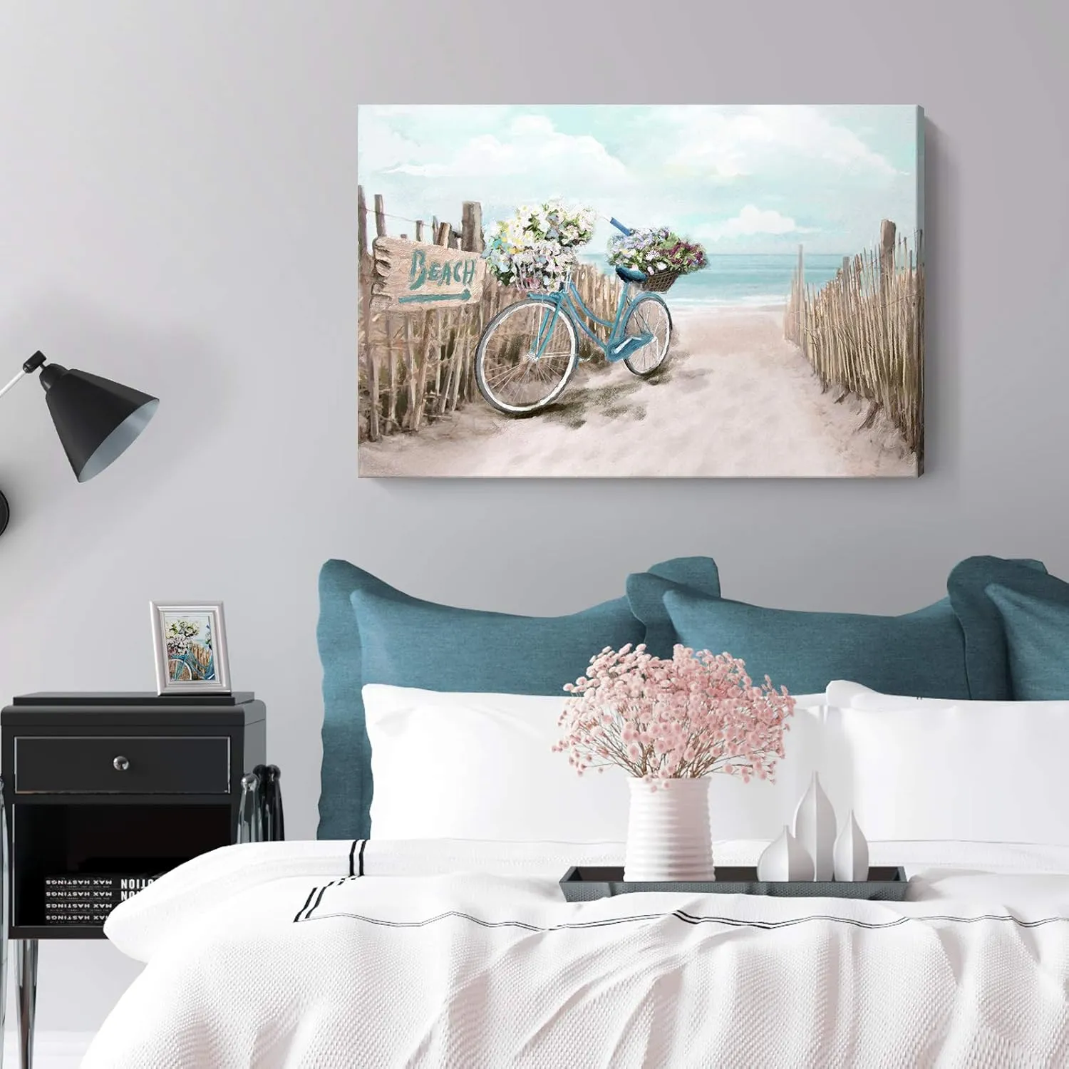 Large Wall Art for Living Room Décor Beach Picture Wall Art Modern Framed Sea Seaside Bicycle Canvas Print Seascape Artwork Ocean Painting for Home Bedroom Teal Aqua Turquoise 36x24inch