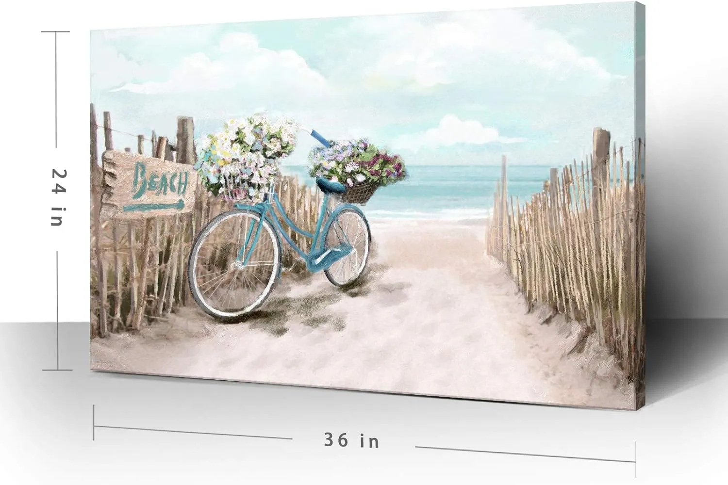 Large Wall Art for Living Room Décor Beach Picture Wall Art Modern Framed Sea Seaside Bicycle Canvas Print Seascape Artwork Ocean Painting for Home Bedroom Teal Aqua Turquoise 36x24inch