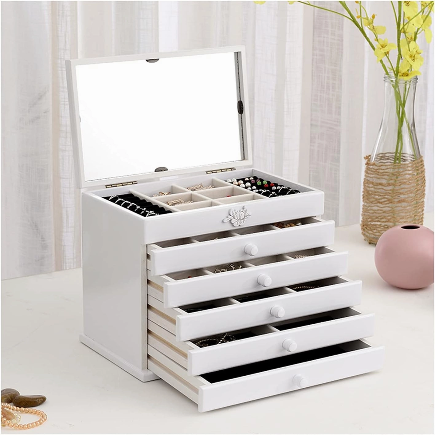 Large Wooden Jewelry Box for Women/Cabinet/Armoire with Lock Box Organizer for Girls Ring Necklace, 5 Drawers Orgnizer Jewelry Drawer for Storage (B)