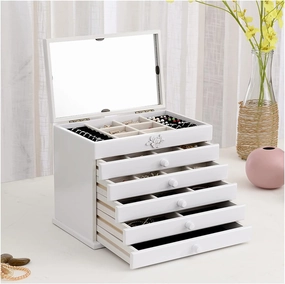Large Wooden Jewelry Box for Women/Cabinet/Armoire with Lock Box Organizer for Girls Ring Necklace, 5 Drawers Orgnizer Jewelry Drawer for Storage (B)