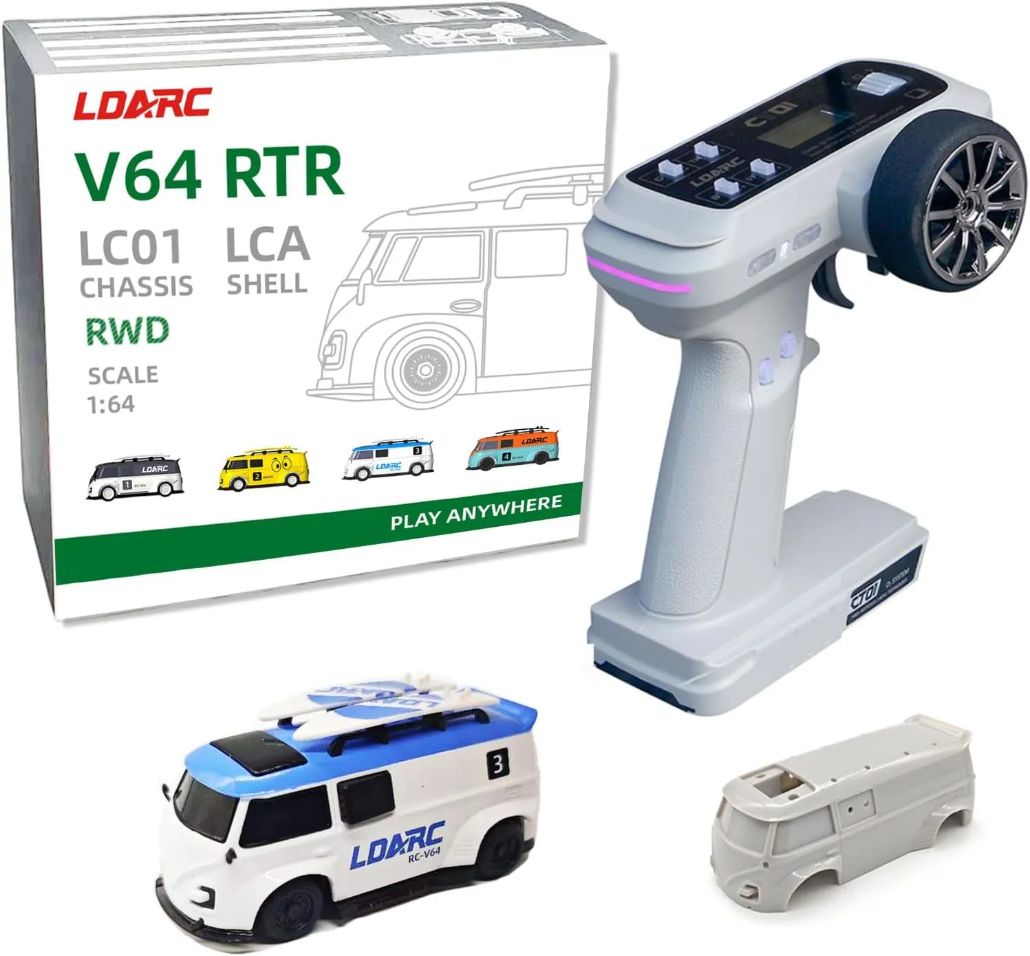 LDARC 1:64 Scale Mini RC Racing Car RTR 2.4GHZ Hobby Grade Remote Control Vehicle Model with RGB Lighting Comes with a DIY Replaceable Body Shell