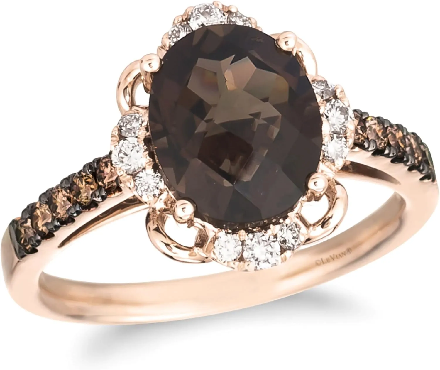 LE VIAN 2/5 Carat White and Chocolate Diamond Round Halo Ring for Women with 2 1/2 Carat Smoky Quartz | 14k Rose Gold Anniversary Ring for Her (White/Brown, 0.40 cttw) Wedding Promise Band Size 7