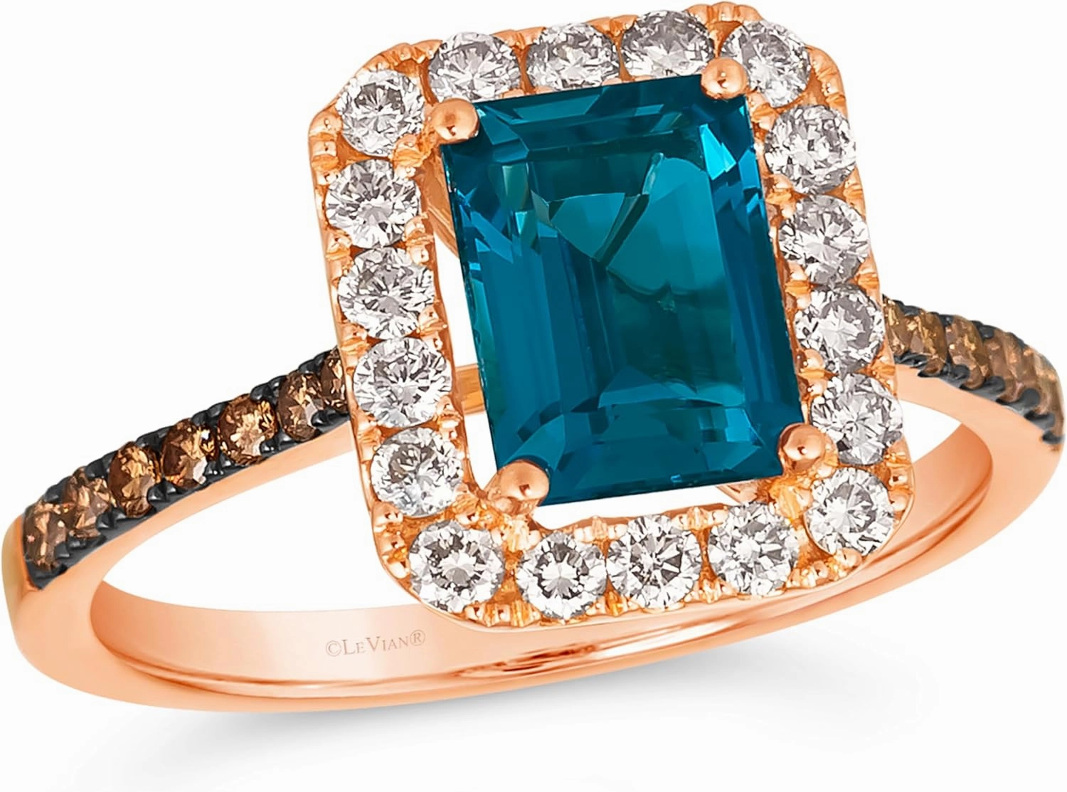 LE VIAN 1/2 Carat Chocolate Diamond Ring for Women w London Blue Topaz or Tanzanite | 14k White or Rose Gold Emerald Shape Ring for Her (White/Brown, I1-I2, 0.57 cttw) Anniversary Promise Band Size 7