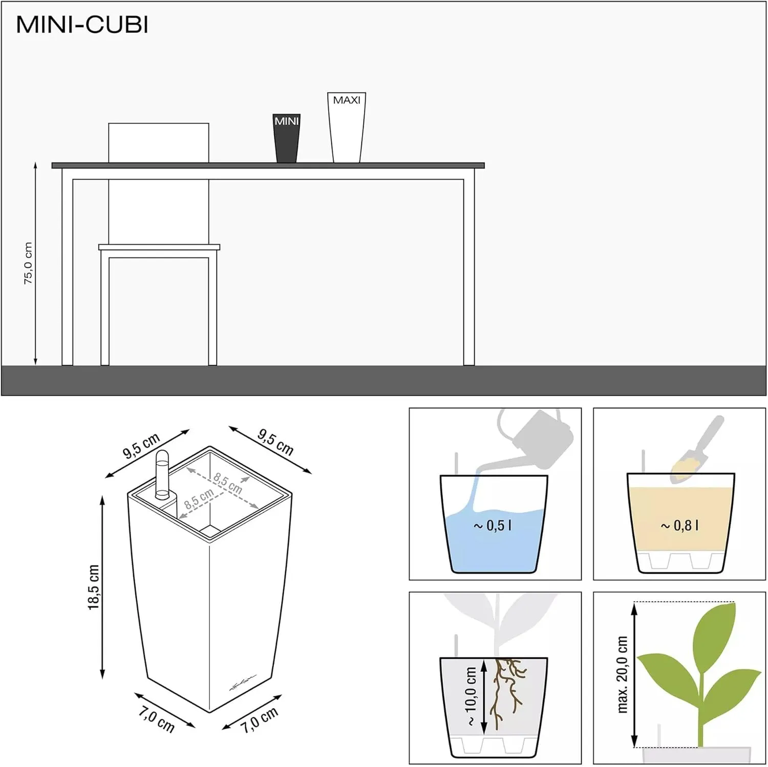 Lechuza Cubi Premium 9 Planter with Water Level Indicator, Mini, Charcoal Metallic