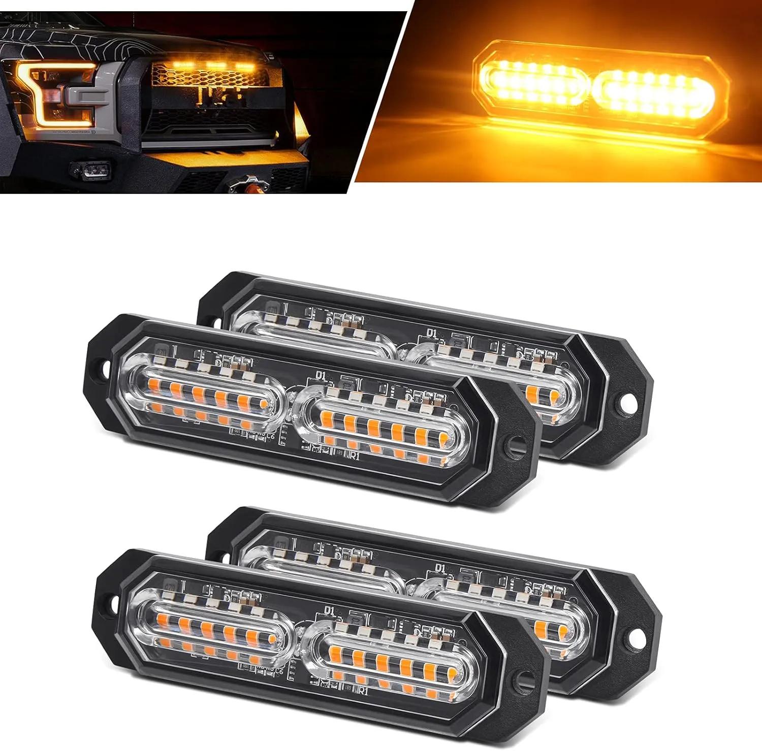 Led Grille Lights for Trucks, 12 Amber Led, Upgraded Waterproof Emergency Surface Mount Grill Strobe Light, Mini Warning Flashing Bar for Dodge Ford Toyota Tacoma Truck