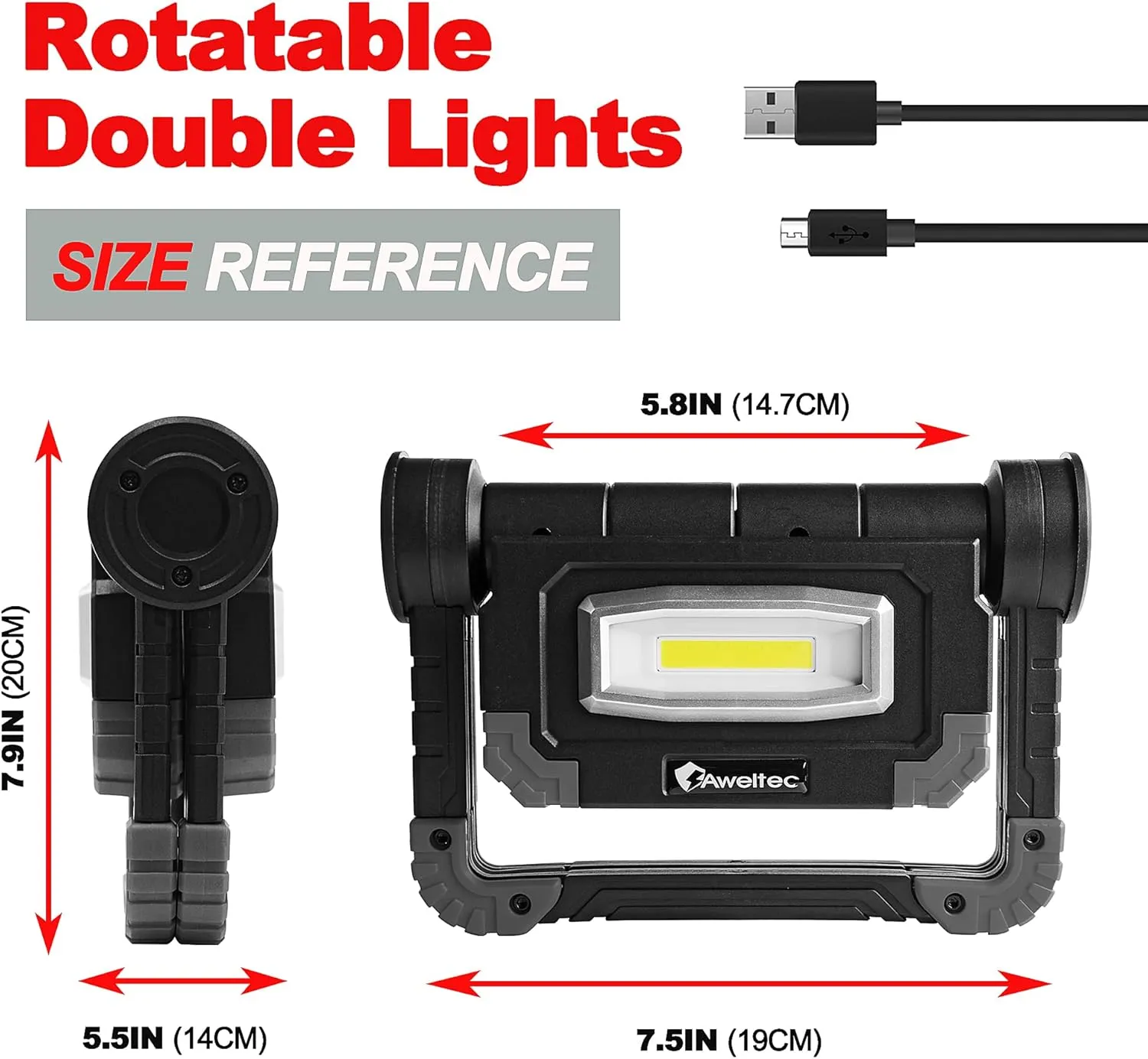 LED Work Light Rechargeable - 2 COB 2000 Lumens 360° Foldable Flood Work Light for Outdoor Camping, Emergency Car Repairing and Job Site Lighting (Grey)