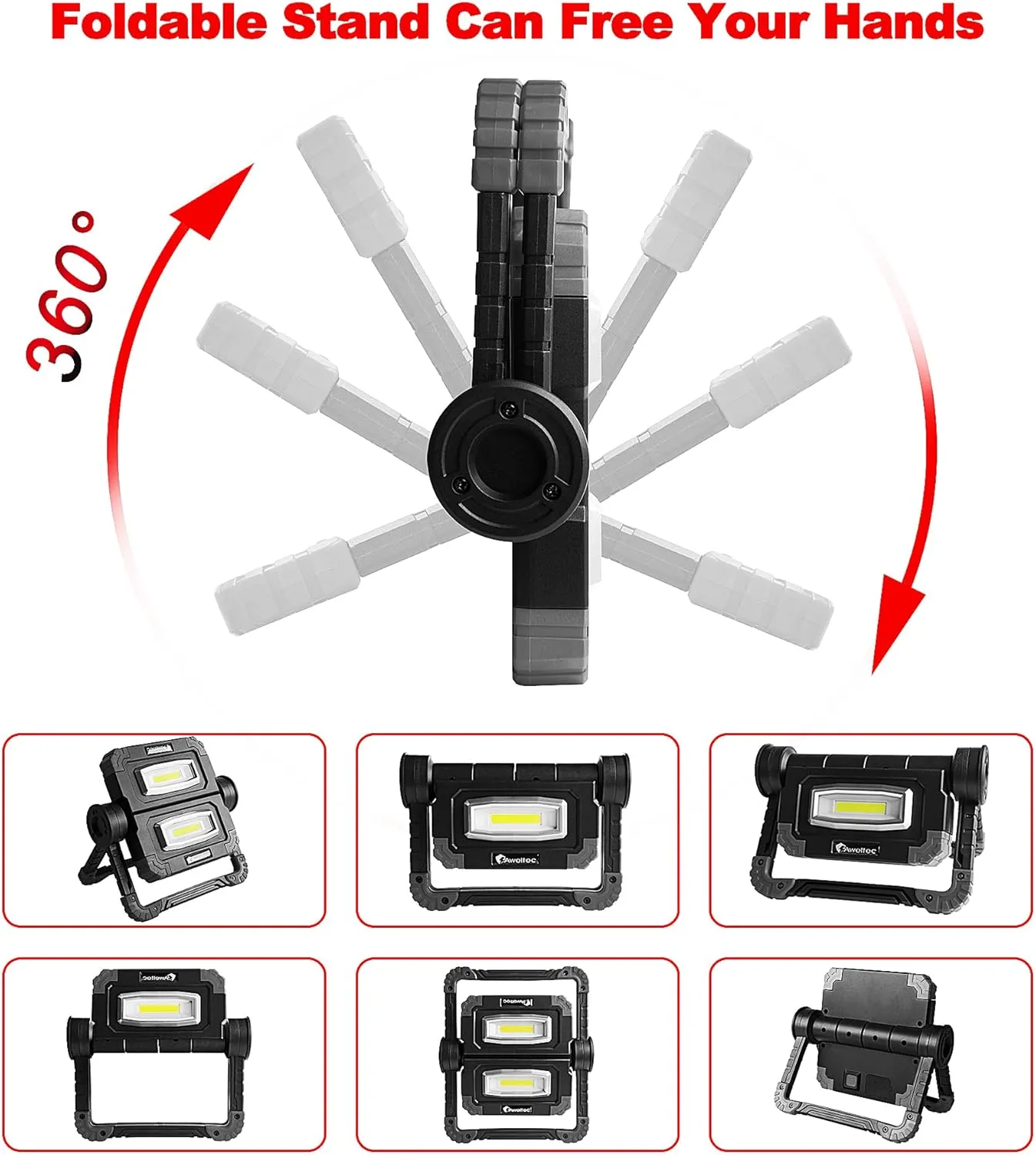 LED Work Light Rechargeable - 2 COB 2000 Lumens 360° Foldable Flood Work Light for Outdoor Camping, Emergency Car Repairing and Job Site Lighting (Grey)
