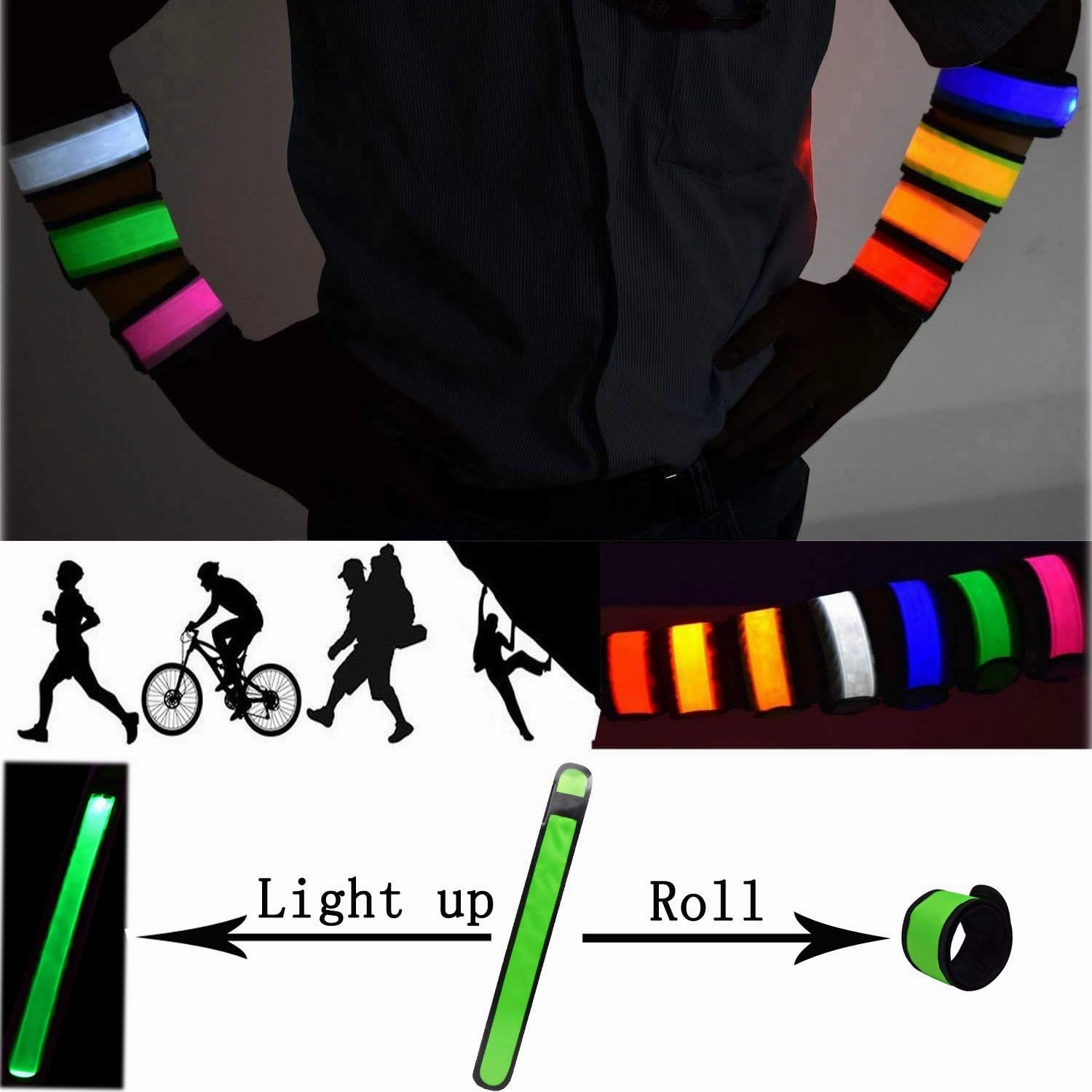 LED Glow Slap Bracelets Light Up Wristbands Flashing Arm Wrist Bands High Visibility Safety Gear Lights for Cycling Walking Running Concert Camping Outdoor Sports, Fits Women Men