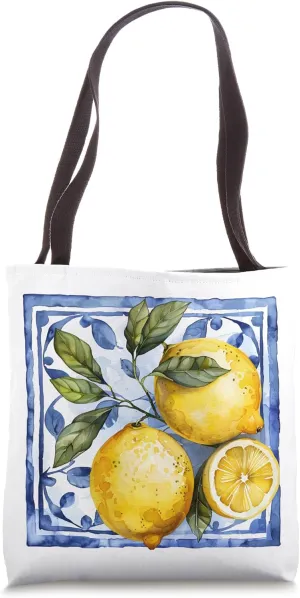 Lemon Blue Tile Mosaic Mediterranean Italian Lemons Tote Bag