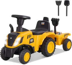 Licensed Caterpillar Ride on Tractor by OLAKIDS, 2 in 1 Ride on Push Car with Detachable Trailer, Headlight, Horn, Rake, Shovel, Foot to Floor Walker Toy Sliding Truck Gift for Kids Toddler