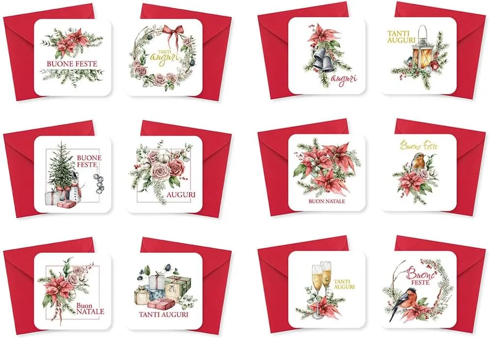 LINA OFFICINE GRAFICHE CREATIVE Pack of 12 Mini Christmas Greeting Cards with Red Envelopes, 8 x 8 cm