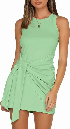 LIYOHON Women's Summer Casual Beach Dress Sleeveless Ruched Tie Tank Bodycon Wrap Mini Dresses
