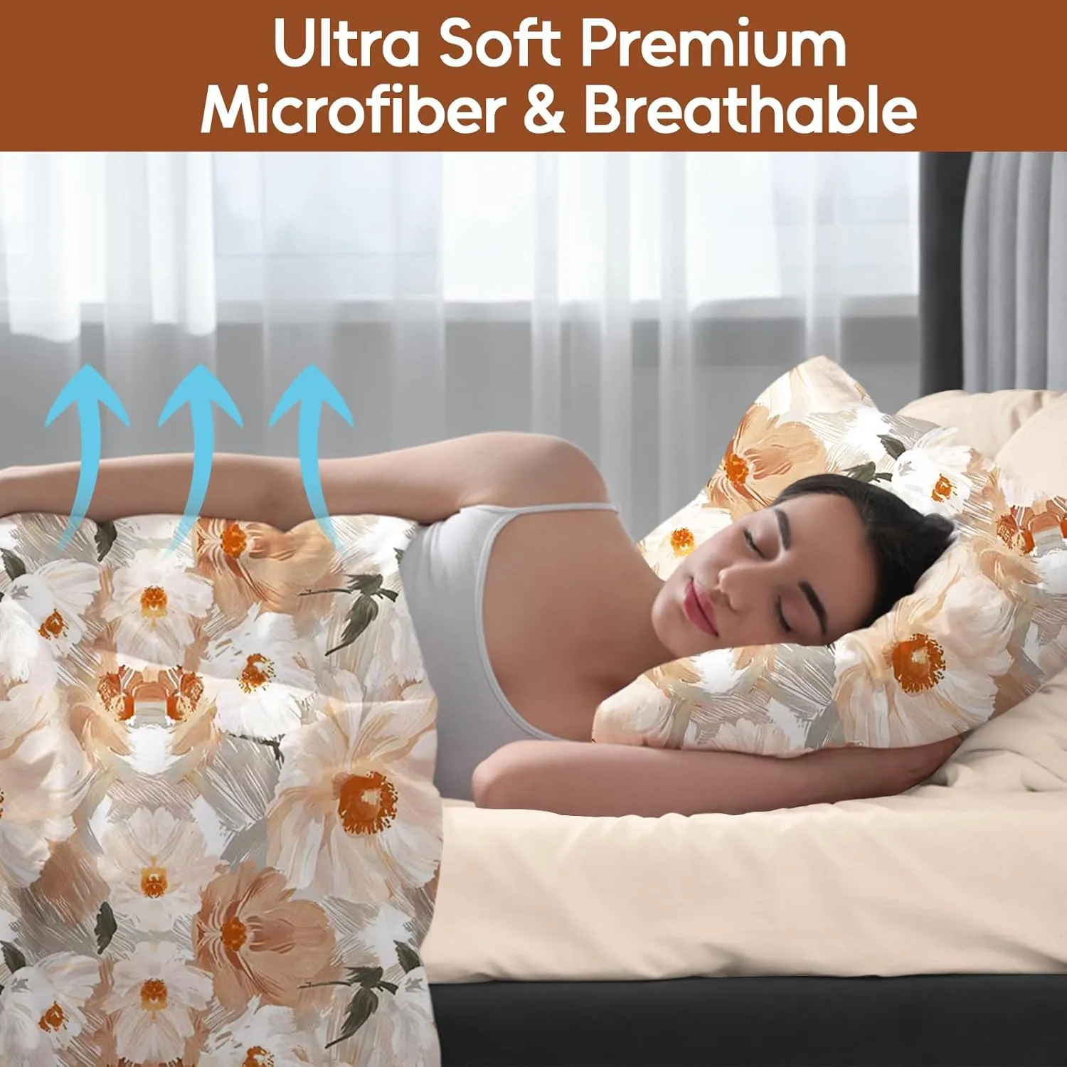 LONAVA Floral King Size Bed Sheet Set, 6 Piece, Deep Pocket Beige Fitted Sheet, Comfy & Breathable Patterned Flat Sheets, Premium Microfiber, Gold Painted Flowers Printed