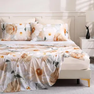 LONAVA Floral King Size Bed Sheet Set, 6 Piece, Deep Pocket Beige Fitted Sheet, Comfy & Breathable Patterned Flat Sheets, Premium Microfiber, Gold Painted Flowers Printed