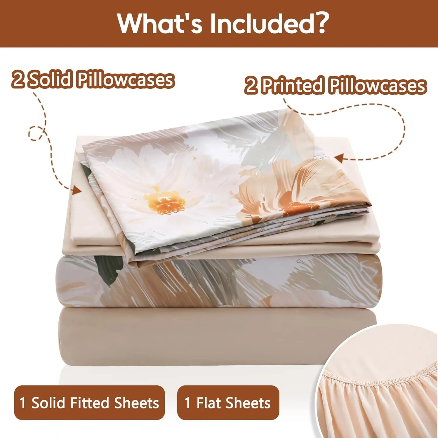 LONAVA Floral King Size Bed Sheet Set, 6 Piece, Deep Pocket Beige Fitted Sheet, Comfy & Breathable Patterned Flat Sheets, Premium Microfiber, Gold Painted Flowers Printed