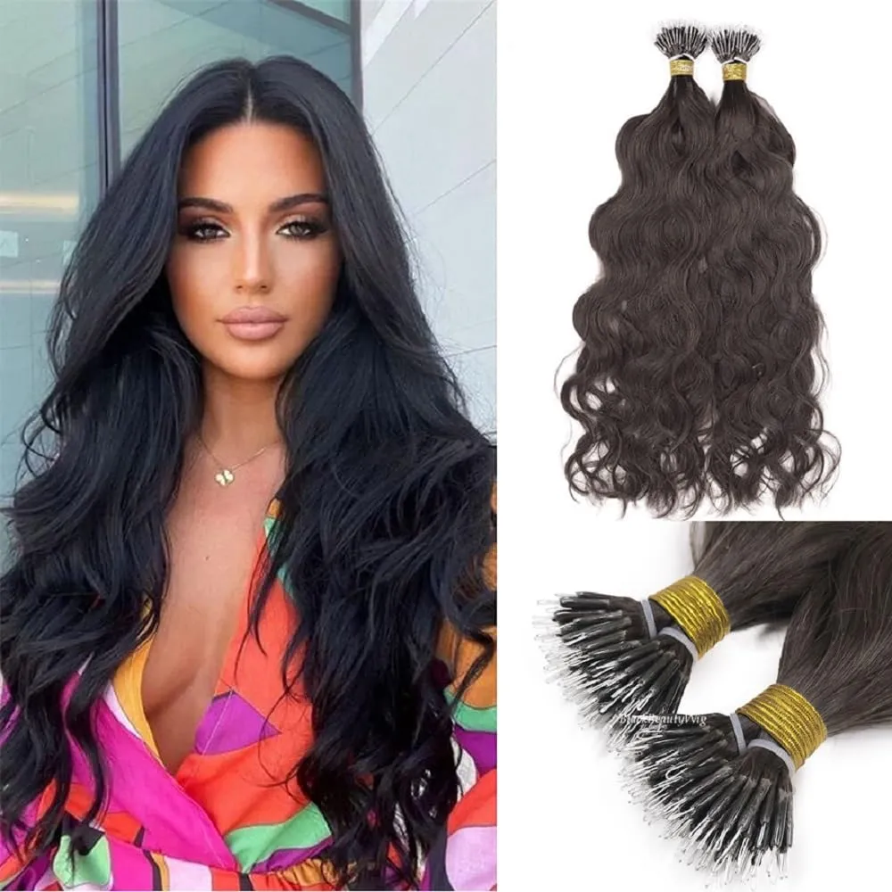 Long Natural Wave Nano Ring Human Hair Extension Microlink Brazilian Remy Nano Beads Ring Hair #Black #Brown Color For Black Women 100g 100strands (20inch 100strands, 2(Darkest Brown))