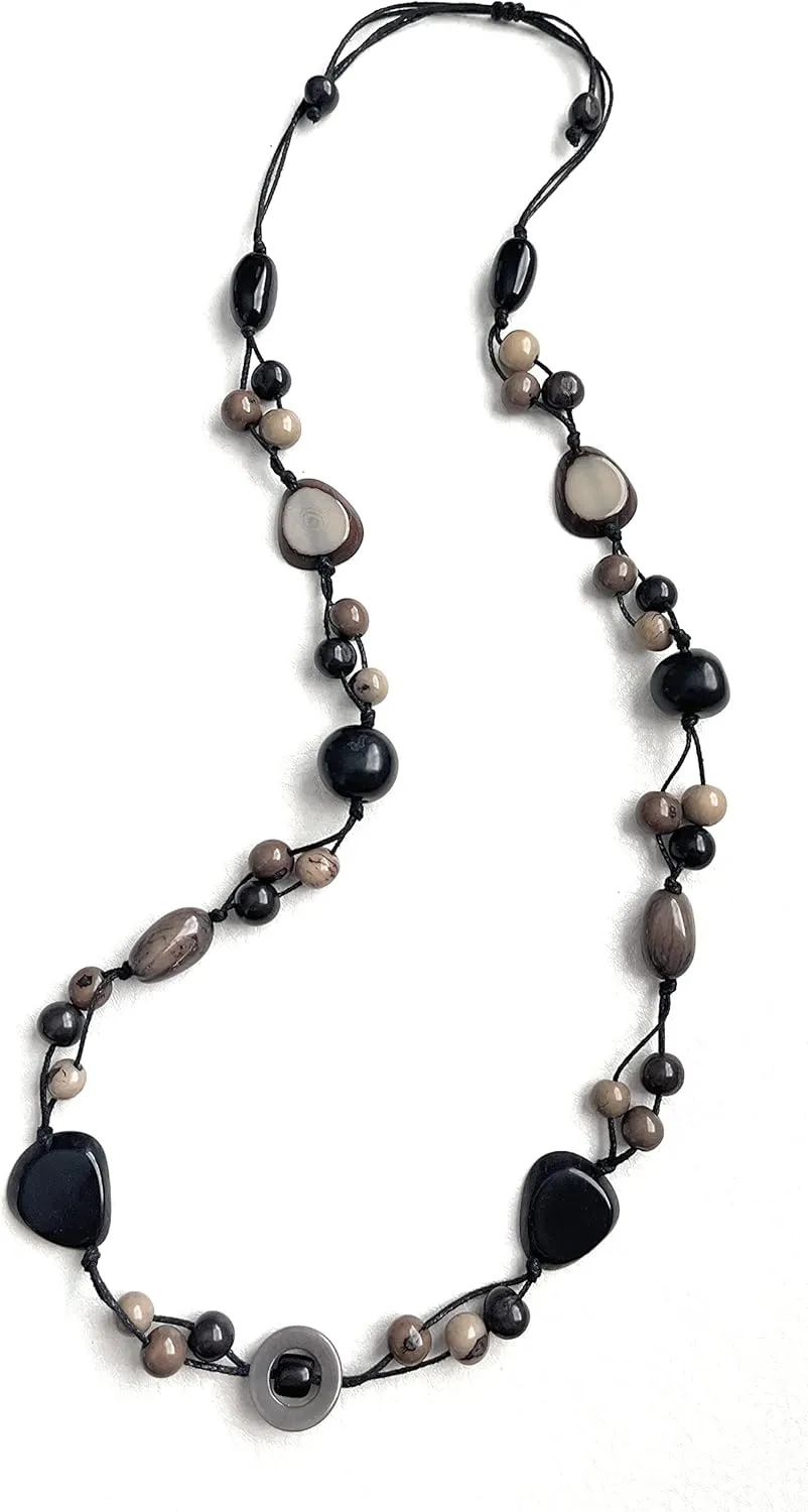 Long tagua nut necklace in black, gray TAG541, adjustable length organic eco friendly jewelry