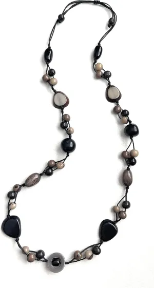 Long tagua nut necklace in black, gray TAG541, adjustable length organic eco friendly jewelry