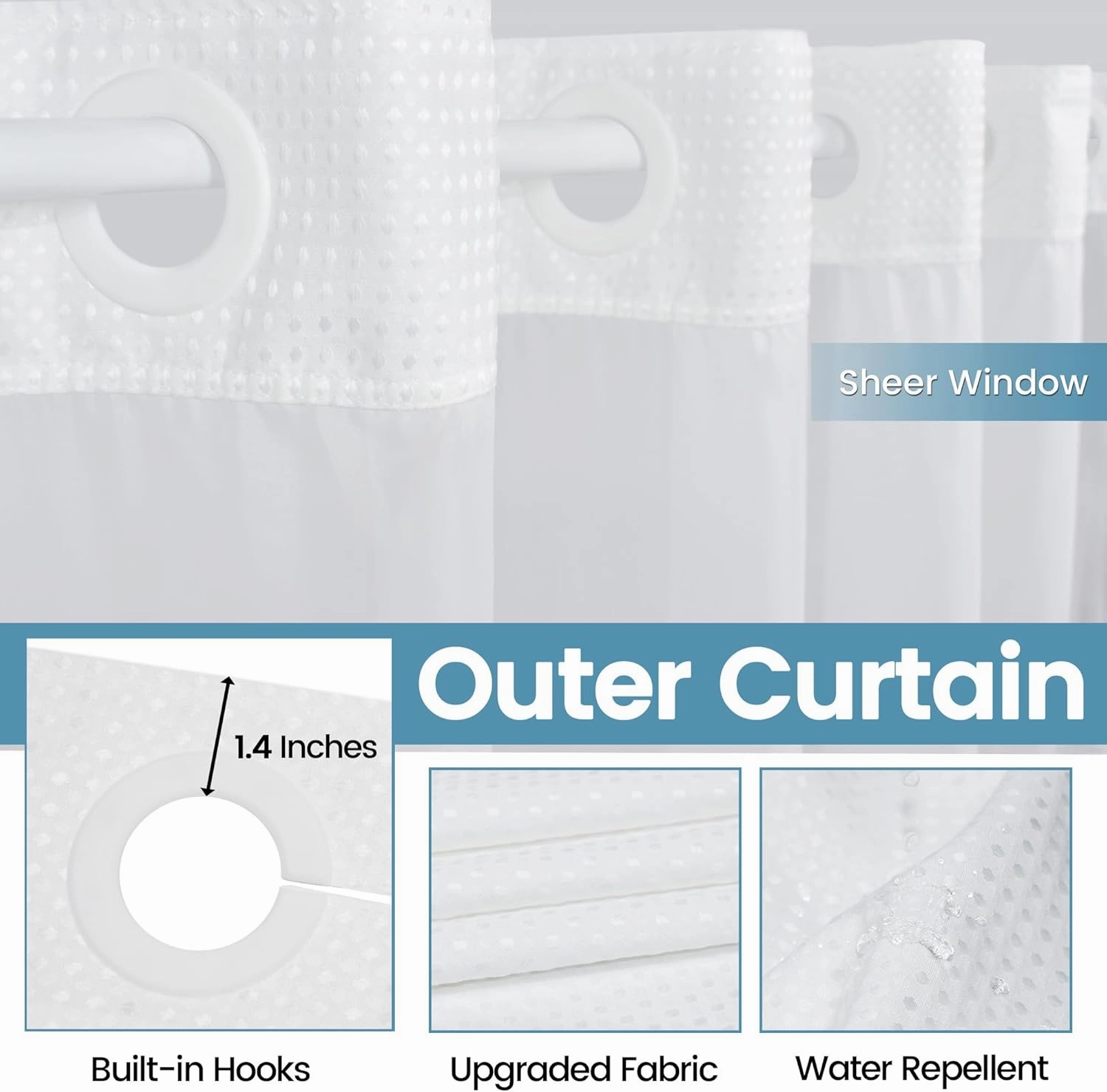 Long No Hook Shower Curtain with Snap in Liner,230GSM Waffle Weave Shower Curtains for Bathroom,71W x 80H(78"),White