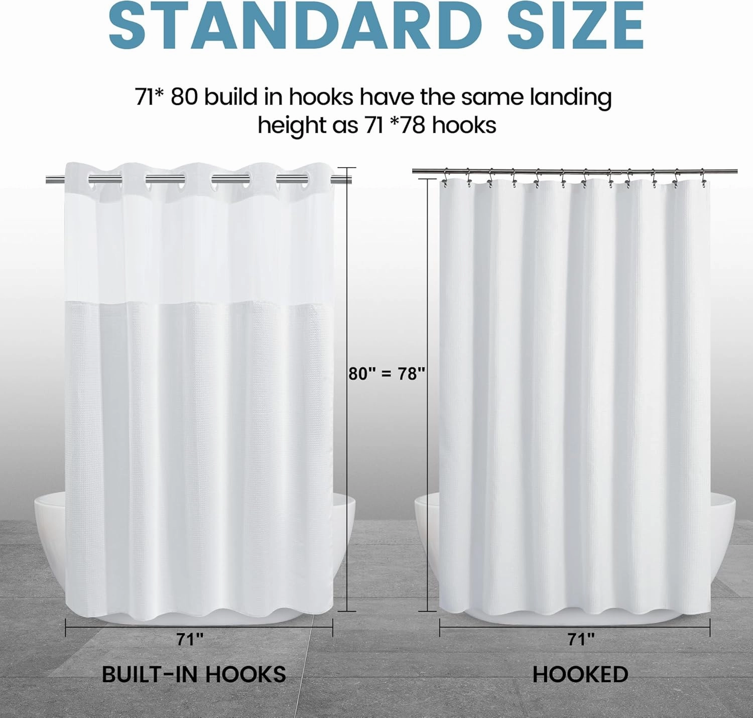 Long No Hook Shower Curtain with Snap in Liner,230GSM Waffle Weave Shower Curtains for Bathroom,71W x 80H(78"),White