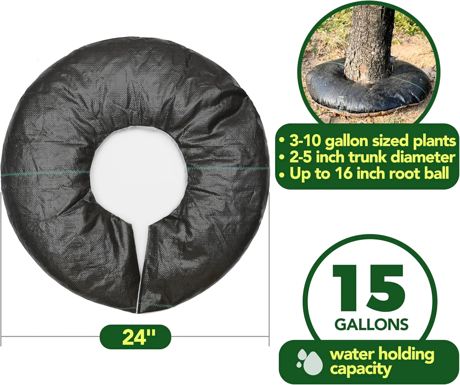 Lostronaut 24” Slow Release Tree Watering Ring - 15 Gallon Automatic Rainwater Collection Tree Bag - Heavy Duty Weed Barrier & Ground Cover System