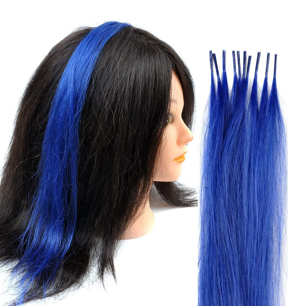 Lot 10 strands 20'' Long Solid Colorful I Tip Human Hair Extension,10  FREE Micro Beads,Hook (Blue, 20inch)