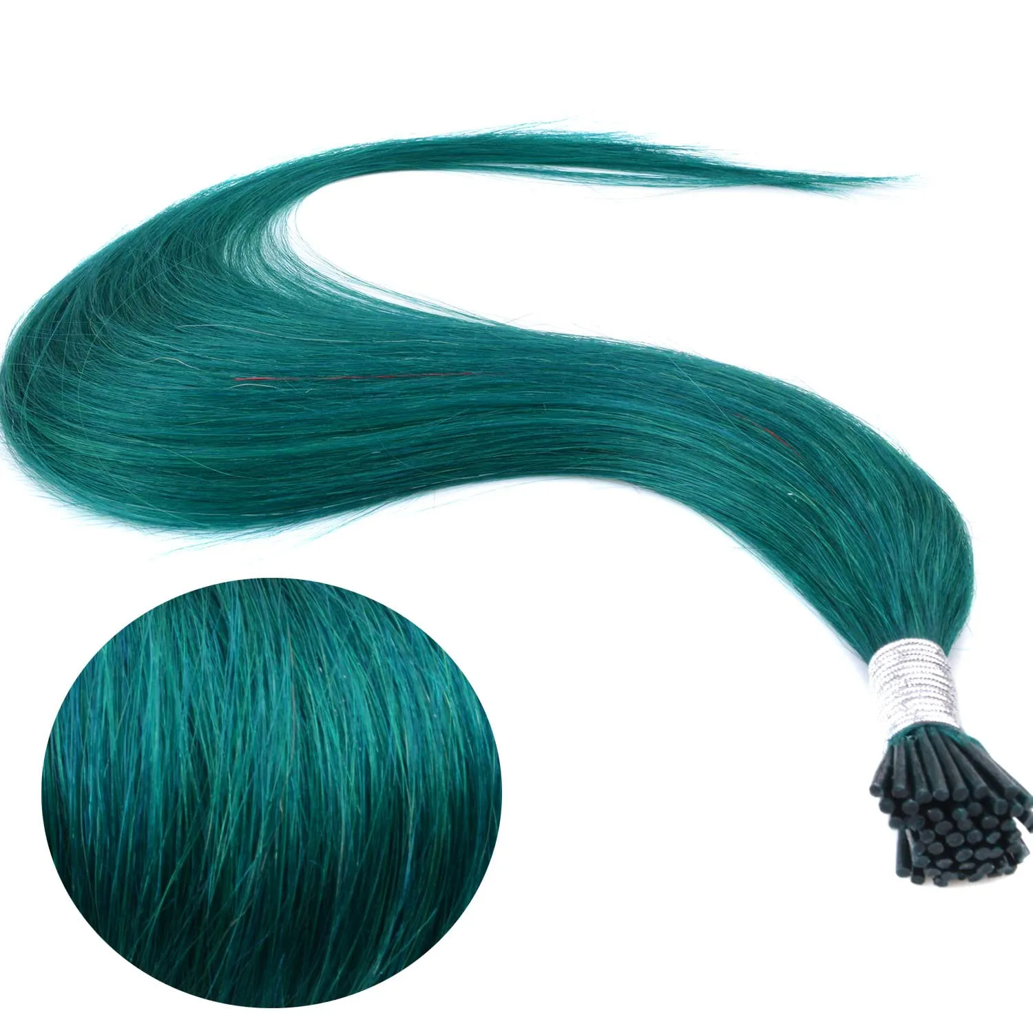 Lot 10 strands 20'' Long Solid Colorful I Tip Human Hair Extension,10  FREE Micro Beads,Hook (Ink Green, 20inch)