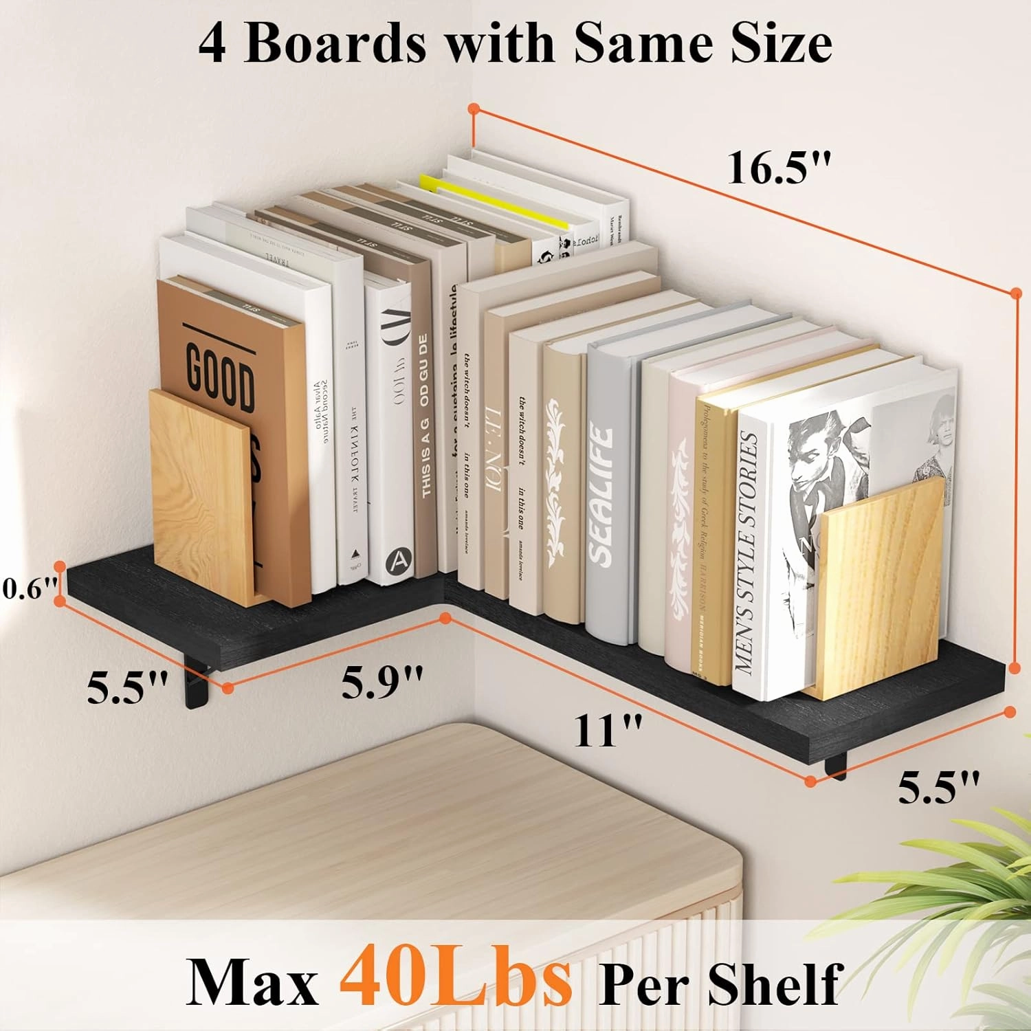 Love-KANKEI Corner Shelf Wall Mounted,Floating Wall Shelves for Storage,Rustic Wood Hanging Shelves for Display,Bathroom Kitchen Bedroom Living Room,Set of 4,Black