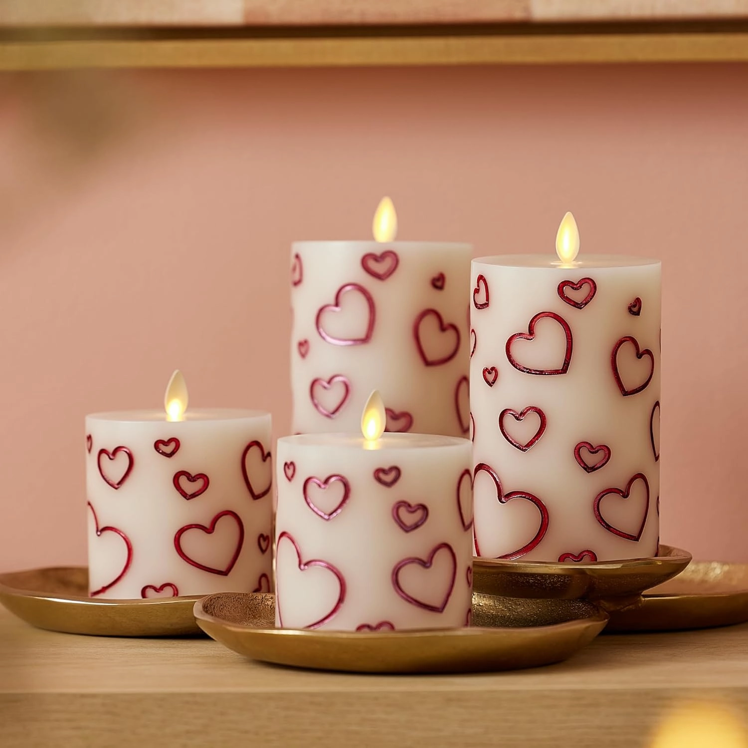 Luminara Debossed Hearts Pillar Candle Metallic Red - Patented Flickering Flameless Technology - Valentine's Day Collection - Remote Ready - 4.5"