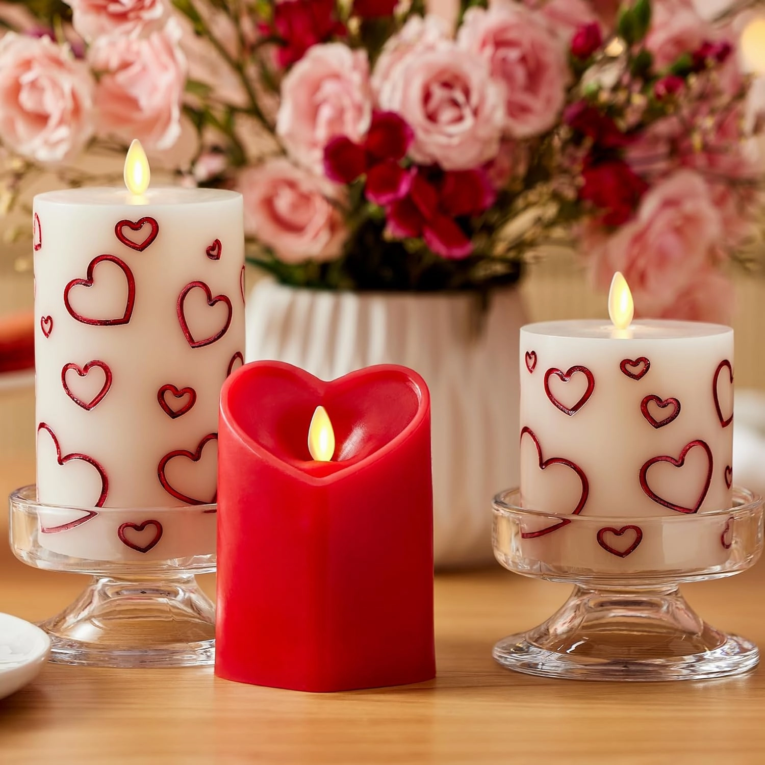 Luminara Debossed Hearts Pillar Candle Metallic Red - Patented Flickering Flameless Technology - Valentine's Day Collection - Remote Ready - 4.5"