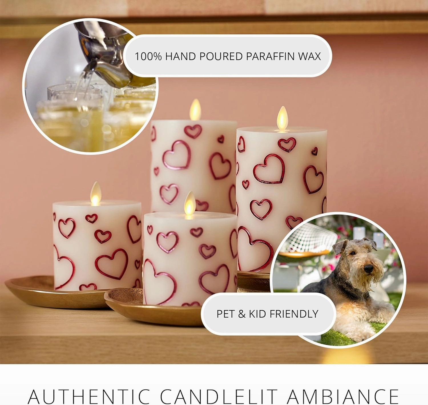 Luminara Debossed Hearts Pillar Candle Metallic Red - Patented Flickering Flameless Technology - Valentine's Day Collection - Remote Ready - 4.5"