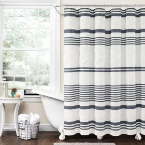 Lush Decor Urban Diamond Stripe Woven Tufted Eco-Friendly Recycled Cotton Shower Curtain, 72" x 72", Navy