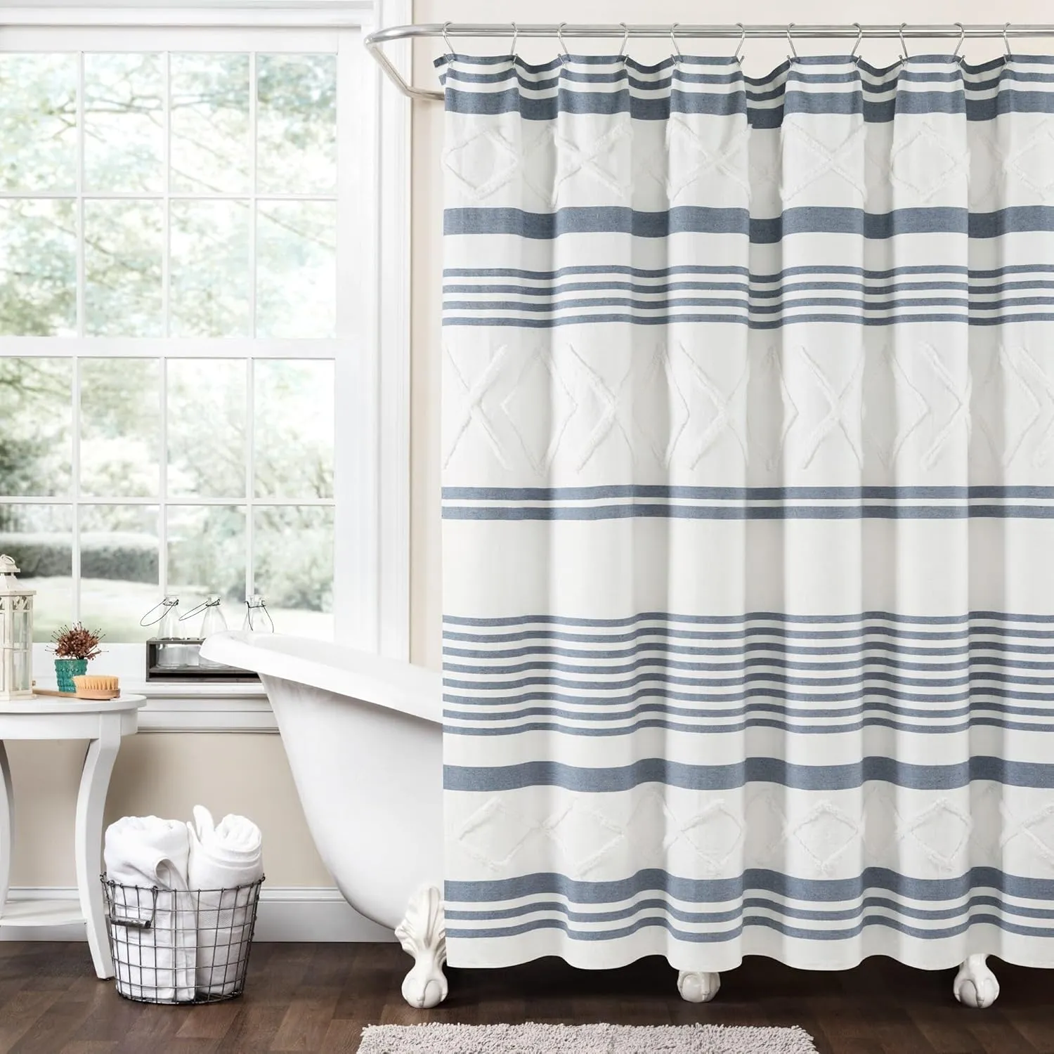 Lush Decor Urban Diamond Stripe Woven Tufted Eco-Friendly Recycled Cotton Shower Curtain, 72" x 72", Navy