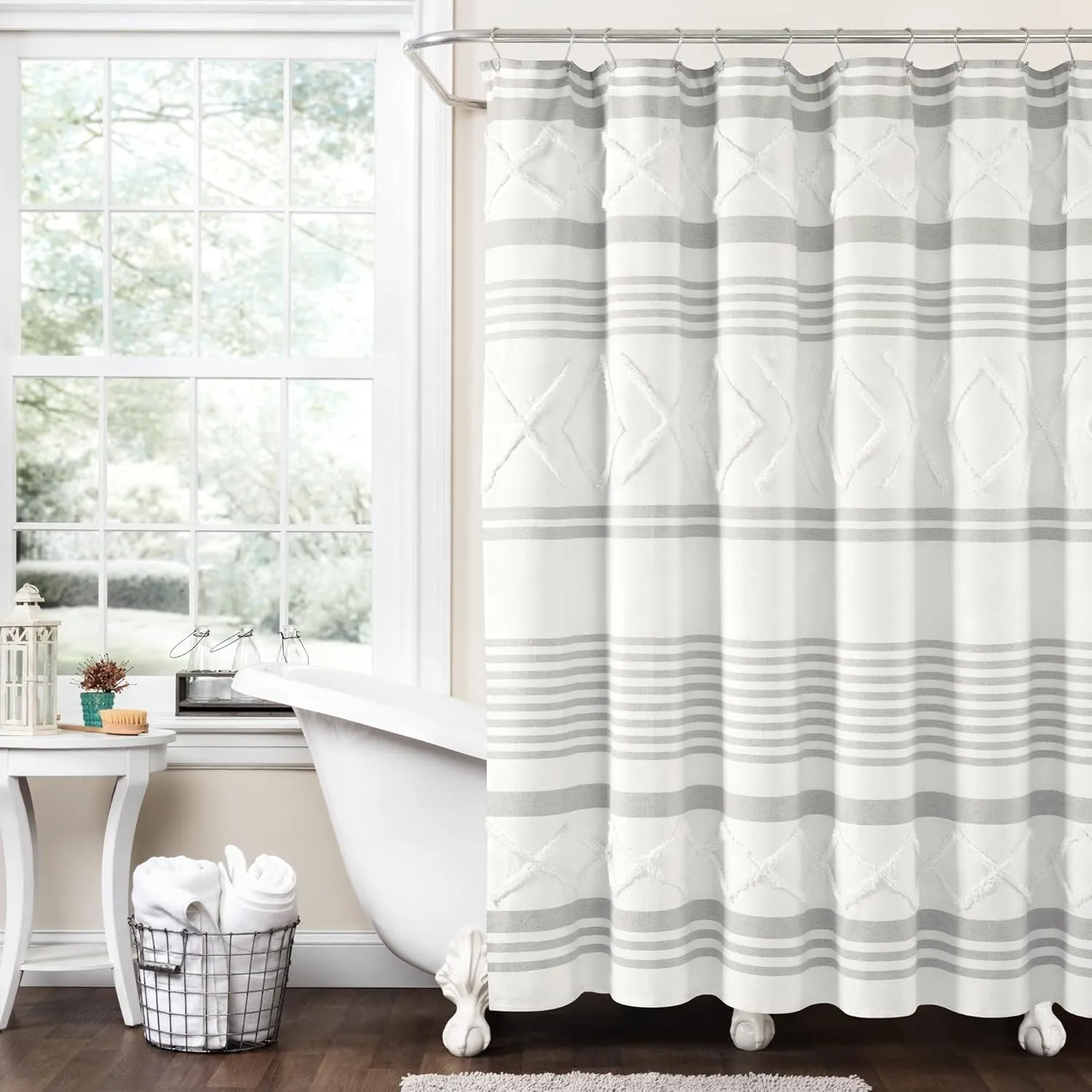 Lush Decor Urban Diamond Stripe Woven Tufted Eco-Friendly Recycled Cotton Shower Curtain, 72" x 72", Navy