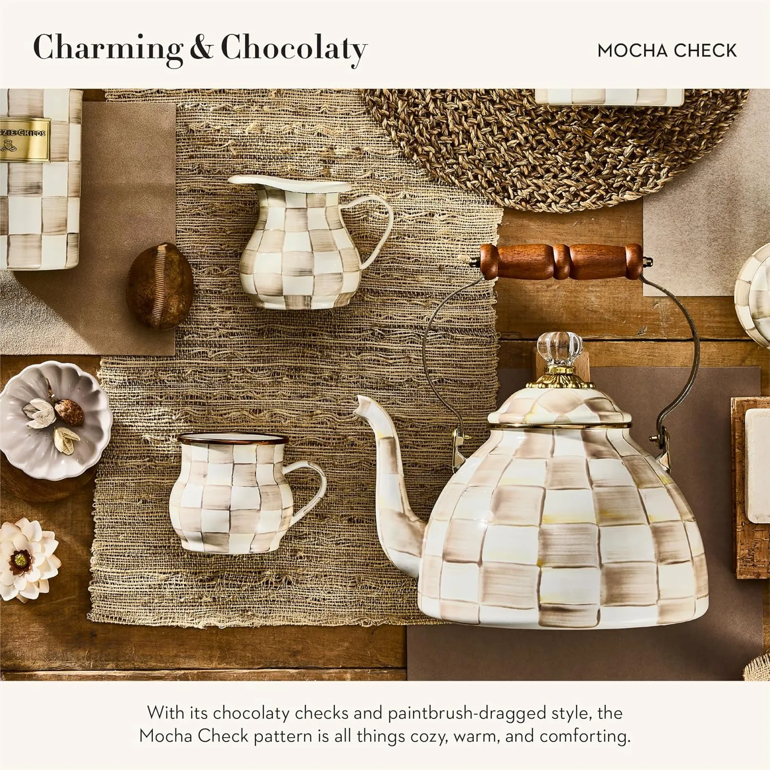 MACKENZIE-CHILDS Enamel Mug, Cute Enamelware Coffee and Tea Mug, Unique Drinkware, 16 Ounces, Brown-and-White Mocha Check, Set of 1