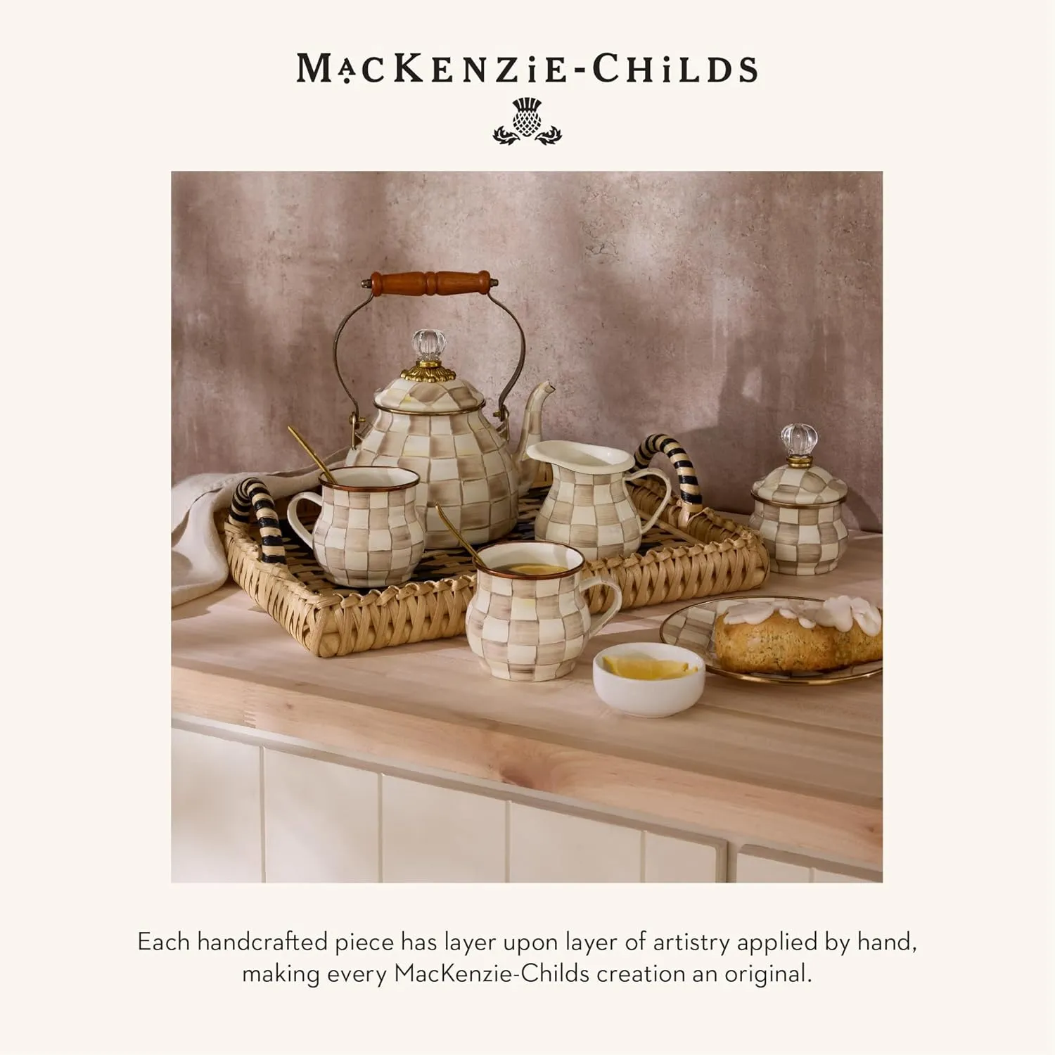 MACKENZIE-CHILDS Enamel Mug, Cute Enamelware Coffee and Tea Mug, Unique Drinkware, 16 Ounces, Brown-and-White Mocha Check, Set of 1