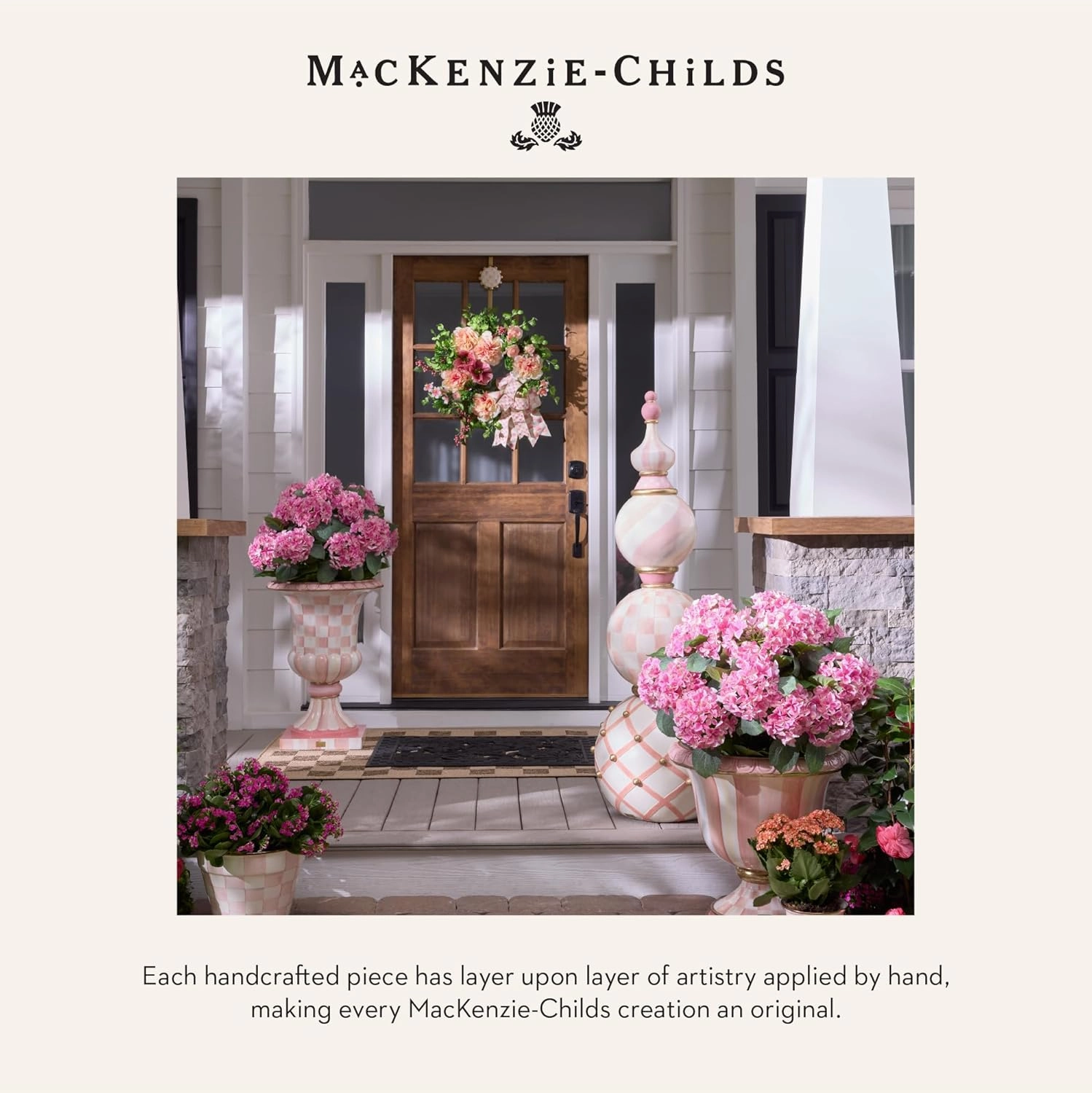 MACKENZIE-CHILDS Enamel Herb Pots, Small Plant Pots for Herbs or Flowers, Set of 3, Pink-and-White Rosy Check
